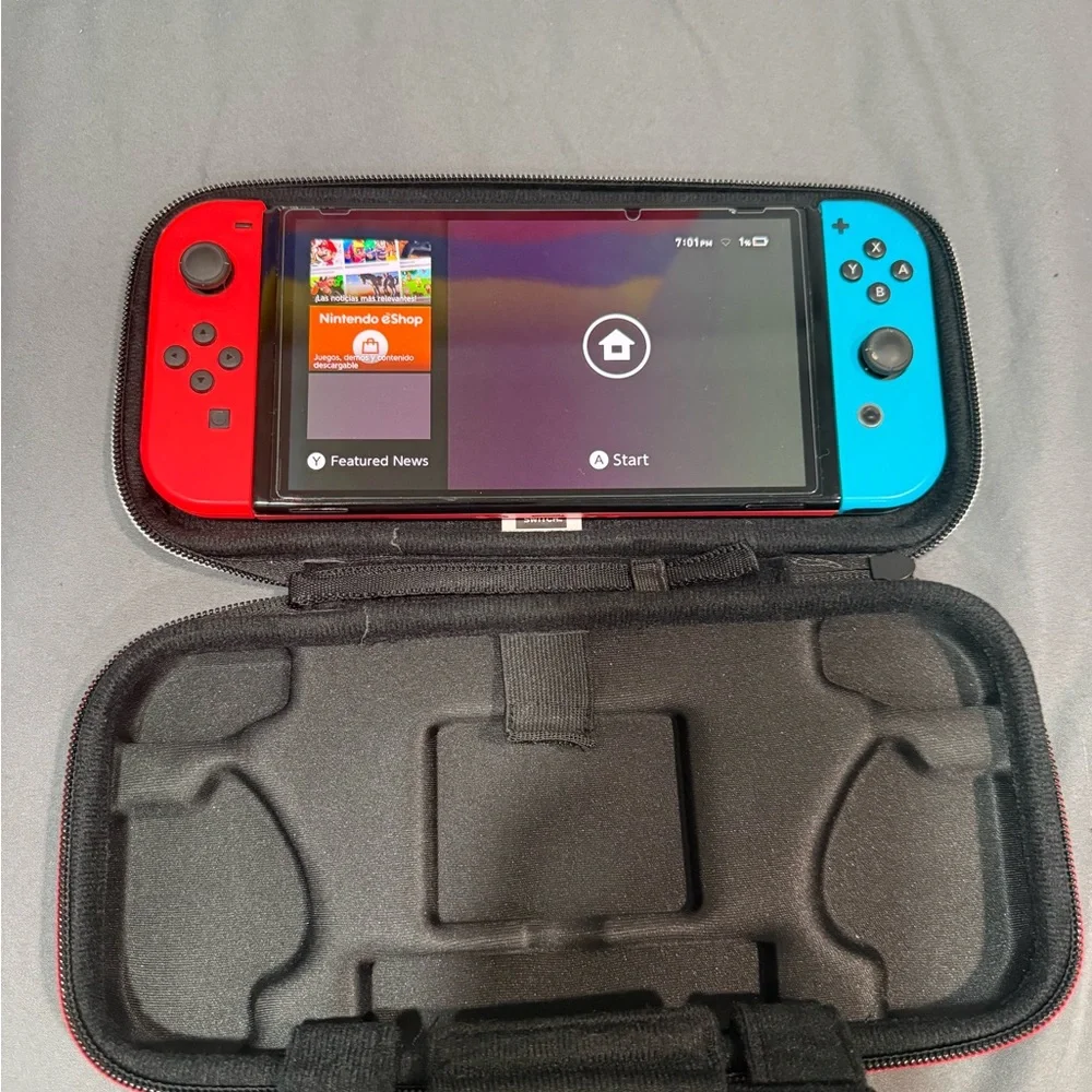 Nintendo Switch with Red and Blue Joy-Con and Case